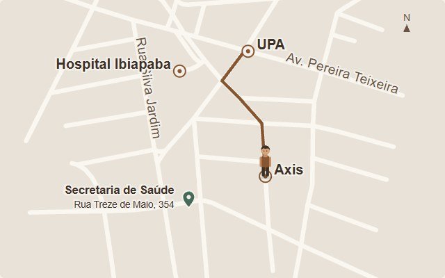 Mapa ilustrativo com trajeto a pé direto da UPA até a Axis Clínica Médica; Hospital Ibiapaba e Secretaria de Saúde aparecem como referências. Esquema sem escala.
